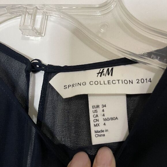 H&M Navy blue double side slit sheer maxi dress tie tassel cinch waist size 4 - Picture 2 of 6